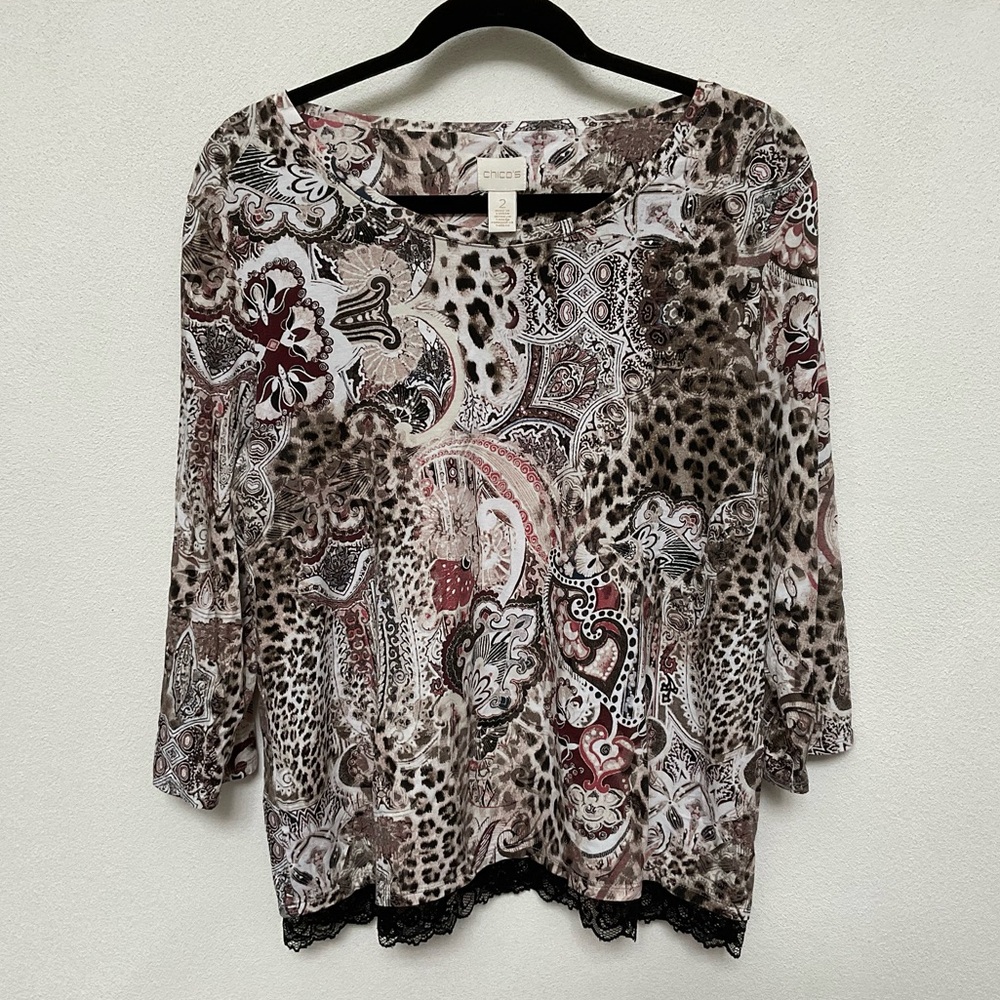 Chico's Brown, Black Paisley, Leopard Print Top with Black Lace Trim Size 2 L/12